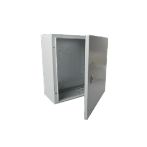 Single Door Wall Mount Enclosure (15.75 x 15.75 x 7.87 in) and Metal Backplate for equipment assembly.