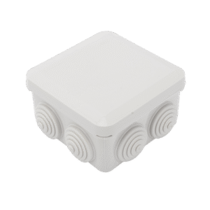 Caja Derivación-Conexión de Plástico (89 X 89 X 50 mm) con 7 Glándulas de Goma. Para Instalaciones Comerciales,  Residenciales e Industriales. Cerrado a Presión.