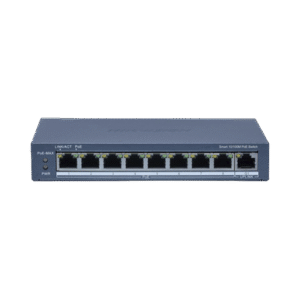 Switch PoE+ / Monitoreable / 8 Puertos 10/100 Mbps PoE+ / 1 Puerto 1000 Mbps Uplink / Configuración Nube Hik-Partner Pro / Modo Extendido hasta 300 metros / 60 W