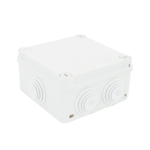 Caja de derivación de PVC Auto-extinguible con 6 entradas, tapa y tornillo de media vuelta de 1/4", 100x100x50 MM (Medidas internas, mayor área permisible para el cable, Para exterior (IP55)