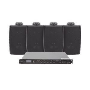 KIT de Amplificador de Audio 120W para Rack | 4 Altavoces de Pared color Negro 2.5W - 20W | Sistema 70/100V