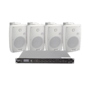 KIT de Amplificador de Audio 120W para Rack | 4 Altavoces de Pared color Blanco 2.5W - 20W | Sistema 70/100V