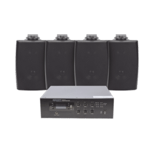 KIT de Amplificador de 120W para Escritorio | 4 Altavoces de Pared color Negro 2.5W - 20W | Sistema 70/100V