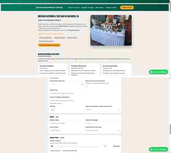 Sitio web y sistema de reserva online de Casa Escuinapa, catering mexicano en San Diego